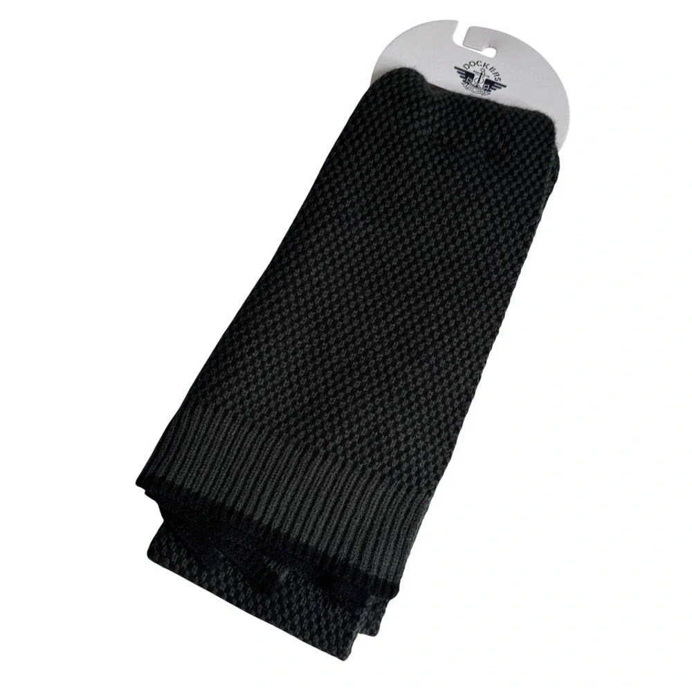 Dockers Mens Birdseye Waffle Knit Scarf Black Charcoal Grey Ribbed Trim NEW